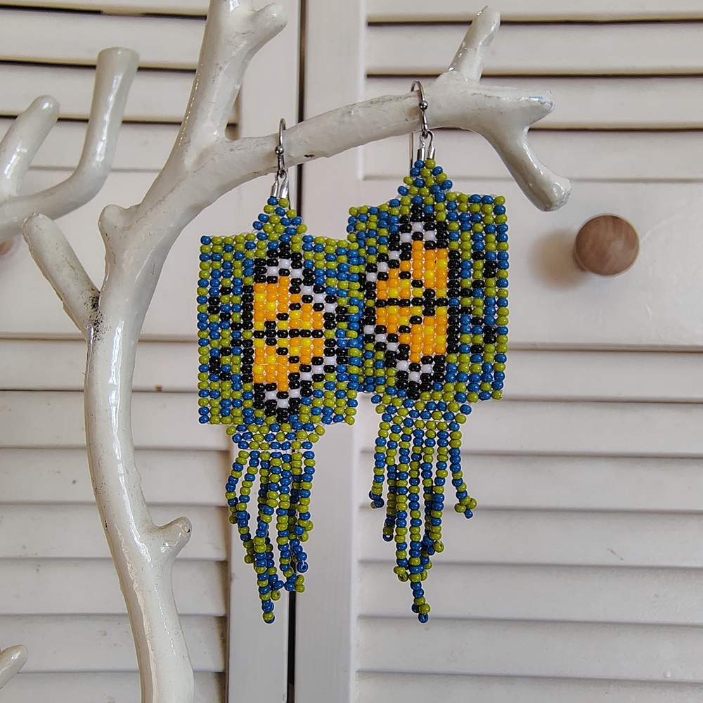 Handcrafted Butterfly Beaded Earrings - Blue and Yellow - Picture 2 of 3